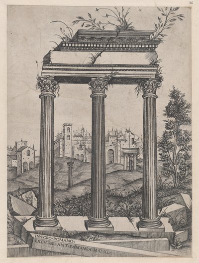 Speculum Romanae Magnificentiae: Tempel van Antoninus en Faustina door Agostino Veneziano.
