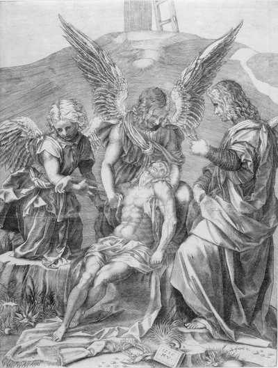 Het Lichaam van Christus Ondersteund door Drie Engelen, 1516 door Agostino Veneziano