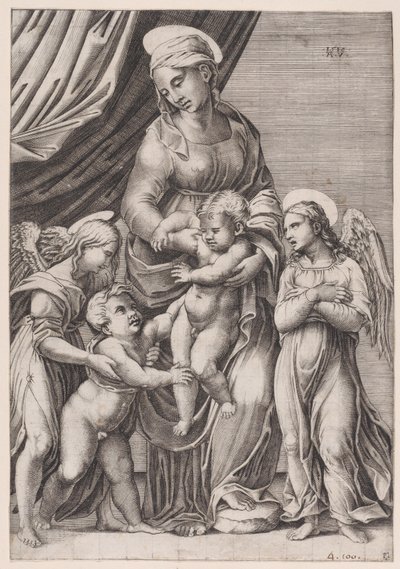 De Maagd, het Christuskind, de jonge Johannes en twee engelen, gedateerd 1516 door Agostino Veneziano