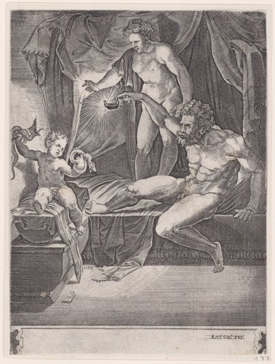 De jonge Hercules in zijn wieg door Agostino Veneziano