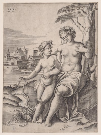 Venus en Eros, gedateerd 1516 door Agostino Veneziano