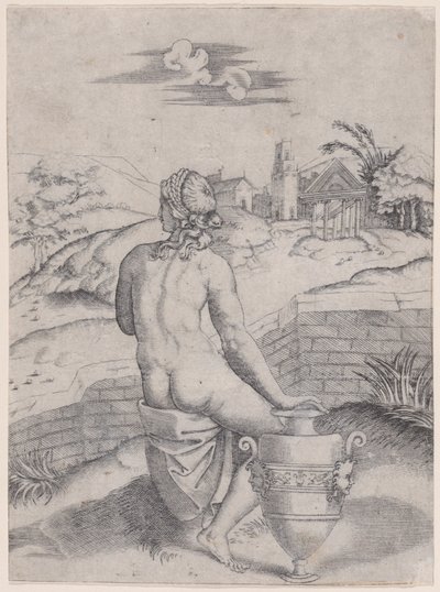 Zittende Vrouw bij een Vaas door Agostino Veneziano