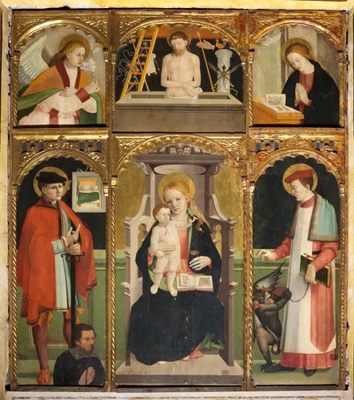 Polyptiek van de Madonna en Kind met Heiligen Julianus en Bernardus door Agostino da Casanova