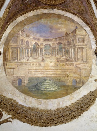 Boogschutter teken (opkomende Arcturus constellatie) oostmuur: vermogen om bewaker van koninklijke gebouwen te worden. Hier zien we het paleis van de te. Fresco door Agostino da Mozzanega (actief van 1527 tot 1539) 1528 Hal van de Winden (of van de Dierenr door Agostino da Mozzanega