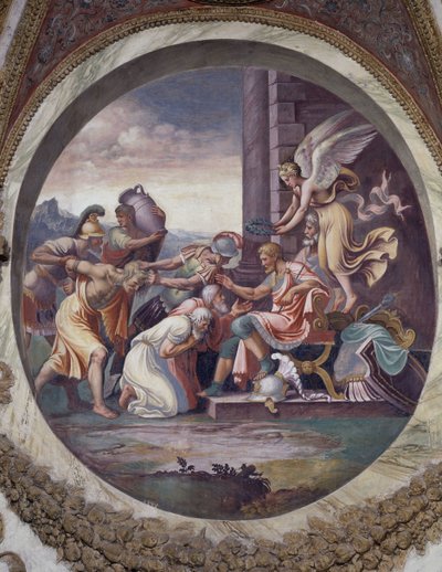 Teken van Waterman (constellatie van de Adelaar): scène van Triomf, van de grote deugden van oorlog. Fresco door Agostino da Mozzanega, 1528. Hal van de Winden (of van de Dierenriem) Palazzo del Te, Mantua door Agostino da Mozzanega