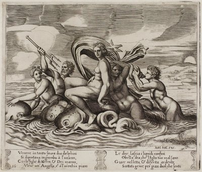 Psyche bediend in haar bad door nimfen die ze niet kan zien door Agostino dei Musi