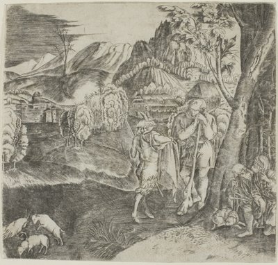 Herders en sater in een landschap door Agostino dei Musi