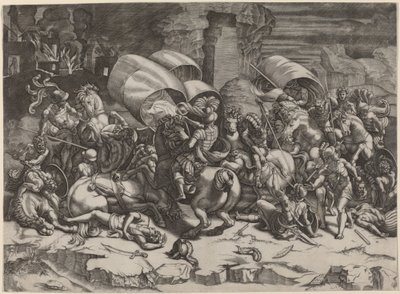 Het gevecht met de sabel door Agostino dei Musi, after Giulio Romano