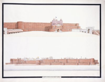 Het Fort van Agra, met de Delhi Poort, ca. 1815 door Agra School