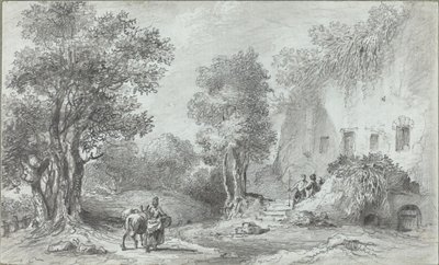 Landschap met Boeren voor een Herberg door Aignan Thomas Desfriches