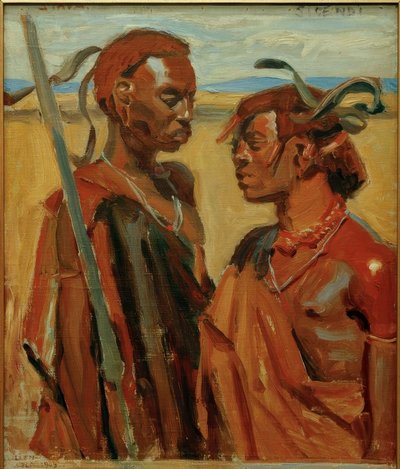 Twee Masai-krijgers door Akseli Valdemar Gallen Kallela