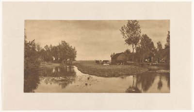 Landschap met boerderij en vee aan het water, Nederland door Alb. Kapteijn