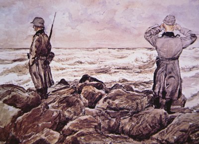 Twee Duitsers aan de kust van Frankrijk kijken naar Engeland aan de vooravond van de Normandië-campagne door Alban (after) Wolf