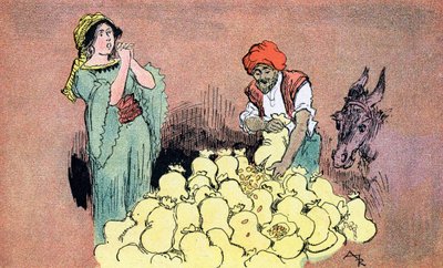 Ali Baba toont de goudzakken aan zijn vrouw (illustratie door Albert Robida voor Ali Baba en de Veertig Rovers, 1945) door Albert (after) Robida