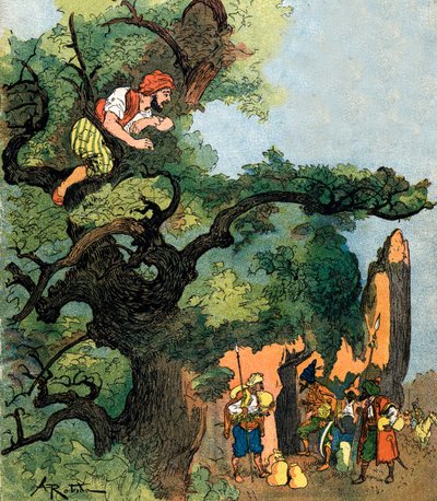 Ali Baba hoort een groep van veertig dieven hun schatkamer bezoeken Illustratie door Albert Robida voor Ali Baba en de veertig rovers door Albert (after) Robida