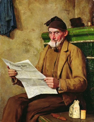 Oude Feissli die de krant leest door Albert Anker