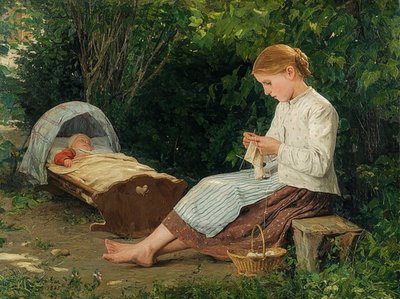 Breidend meisje, zorgend voor een peuter in de wieg door Albert Anker