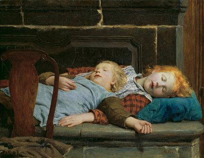 Twee slapende meisjes op de kachelbank door Albert Anker