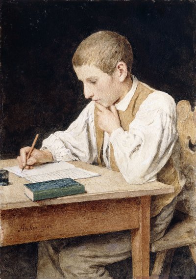Schrijvende jongen door Albert Anker