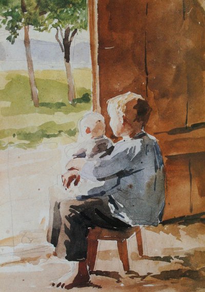 Jonge jongen draagt een kind op zijn schoot door Albert Anker