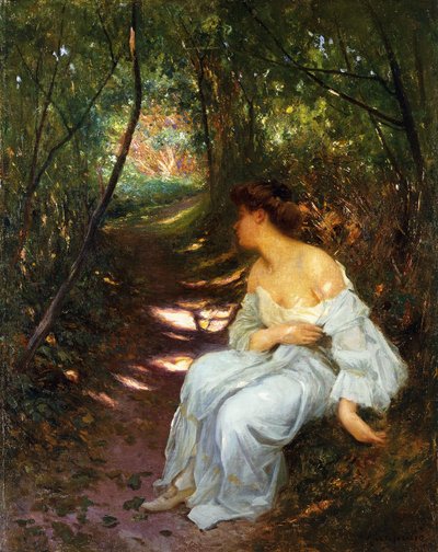 Een jonge vrouw zittend op een bebost pad, 1908 door Albert Auguste Fourie