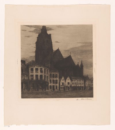 Gezicht op de Sint-Walburgakerk in Oudenaarde door Albert Baertsoen (signed by artist)