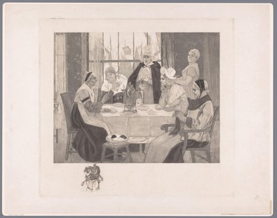 Gezelschap van vrouwen in klederdracht aan tafel door Albert Bertrand (attributed to)