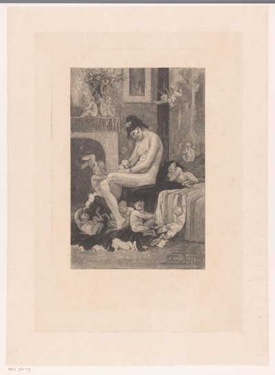 Naakte vrouw op de rand van een bed omringd door spelende demonen door Albert Bertrand (attributed to)