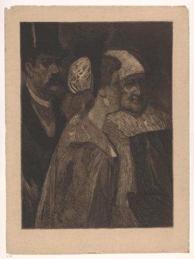 Twee vrouwen en een man met hoge hoed door Albert Bertrand