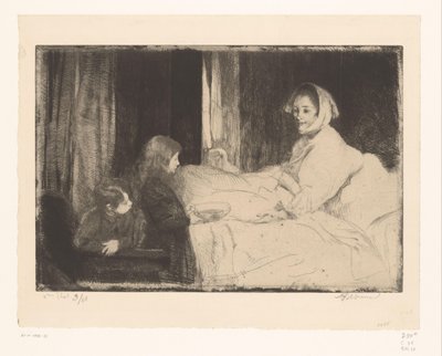 Kinderen aan het ziekbed van hun moeder door Albert Besnard (signed by artist)