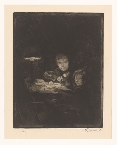 Tekenende kinderen bij schemerlicht door Albert Besnard (signed by artist)