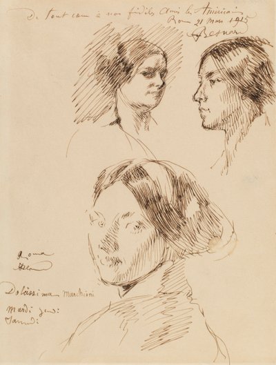 Drie portretkoppen van een vrouw door Albert Besnard
