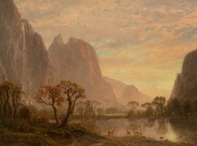 Sentinel Falls en Cathedral Peaks in de Yosemite Valley door Albert Bierstadt