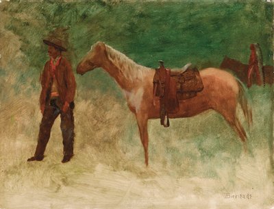 Staande cowboy met paard door Albert Bierstadt
