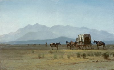 Landmeterswagen in de Rockies, ca 1859 (olieverf op papier gemonteerd op masonite) door Albert Bierstadt