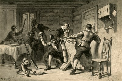 Puriteinen barricaderen hun huis tegen indianen, 1877 door Albert Bobbett