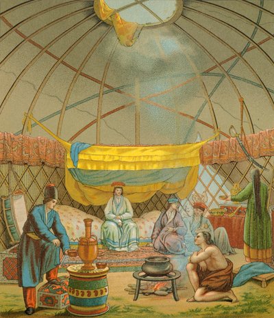 Een Kalmuk, een Kalmuk tent door Albert Charles August Racinet
