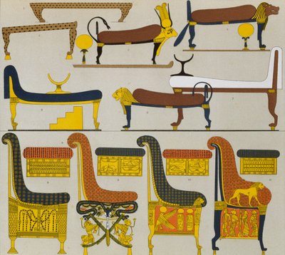 Oud-Egyptisch meubilair, lithografie door Spiegel, uit Le Costume Historique (Geschiedenis van Kostuums), Vol II, door Auguste Racinet door Albert Charles August Racinet