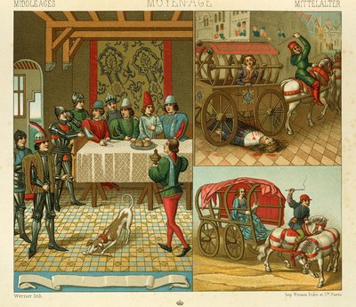Kasteelleven en vervoermiddelen in de 14e eeuw door Albert Charles August Racinet