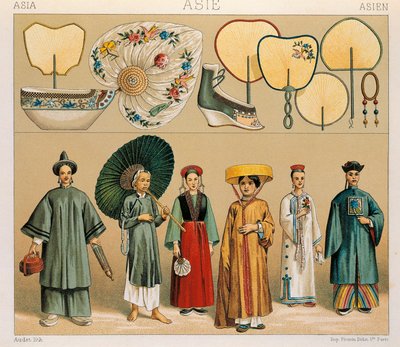 Kleding van Chinese vrouwen en van de regio Tartary, illustratie uit Complete Costume History door Auguste Racinet door Albert Charles August Racinet