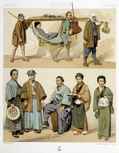 Kostuums en transport in Japan door Albert Charles August Racinet