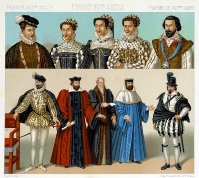 Kostuums van edelen en magistraten in Frankrijk in de 17e eeuw. Chromolithografische plaat - in 