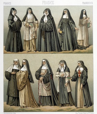 Kostuums van nonnen in Frankrijk in de 18e eeuw. Illustratie in "Le costume historique" door Racinet door Albert Charles August Racinet