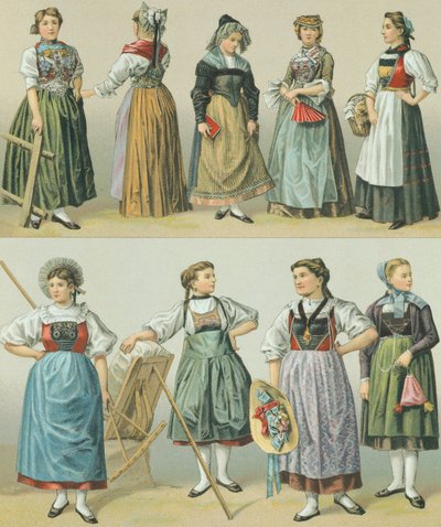 Kostuums van de kantons, illustratie uit The Complete Costume History door Racinet Auguste door Albert Charles August Racinet