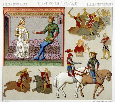 Kostuums van de Middeleeuwen in Frankrijk. Chromolithografische plaat - in 