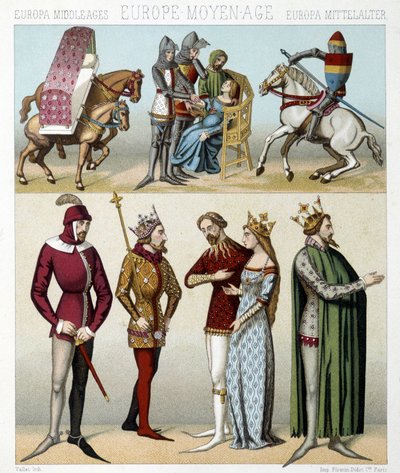 Kostuums van de Middeleeuwen in Frankrijk. Illustratie in "Le costume historique" door Racinet door Albert Charles August Racinet
