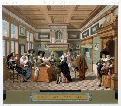 Nederlanders in kostuums en in een 18e-eeuws interieur. Illustratie in "Le costume historique" door Racinet door Albert Charles August Racinet