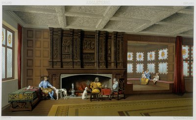 Engelse heer en zijn familie in zijn 17e-eeuwse huis. Chromolithografische plaat - in 