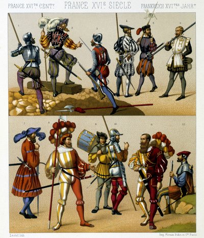 Franse militaire kostuums in de 16e eeuw. Chromolithografische plaat - in 