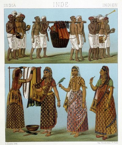 Begrafenis (bovenkant van de afbeelding) en wasgoed (onderkant van de afbeelding) in India. Illustratie in 